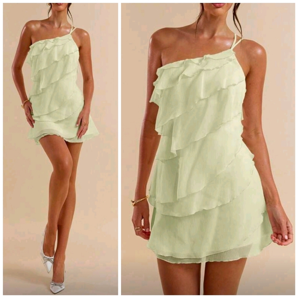 New One Shoulder Layered Ruffle Chiffon Mini Dress Light Green